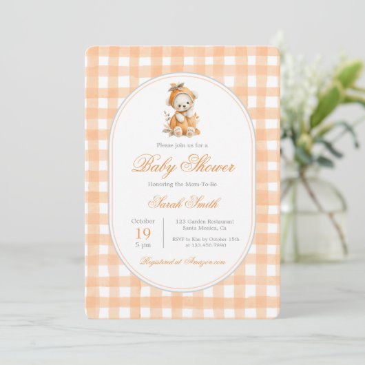 Pumpkin Gingham Baby shower Girl Kaart (Staand voorkant)