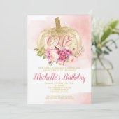 Pumpkin Girl Pink Gold First Birthday Waterverf Kaart (Staand voorkant)