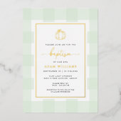 Pumpkin Green Gingham Baptism Gold Foil Invitation Folie Uitnodiging (Voorkant)