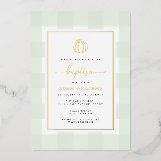 Pumpkin Green Gingham Baptism Gold Foil Invitation Folie Uitnodiging (Voorkant)