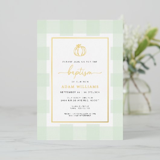 Pumpkin Green Gingham Baptism Gold Foil Invitation Folie Uitnodiging (Staand Voorkant)