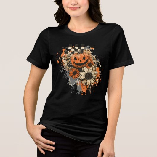 Pumpkin Halloween Geruite Board retro Tri-Blend Shirt (Voorkant)