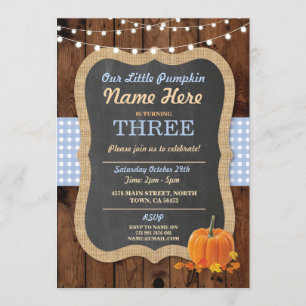Pumpkin Herfst Birthday Party Boy Age Blue Invite Kaart