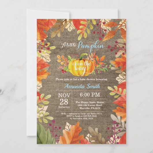 Pumpkin Herfst Burlap Boy Baby shower Kaart (Voorkant)