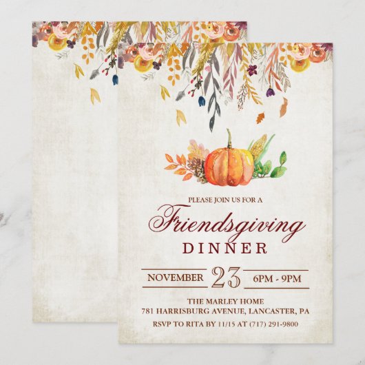 Pumpkin Herfst Friendsgiving Dinner Invitation Kaart (Voorkant / Achterkant)