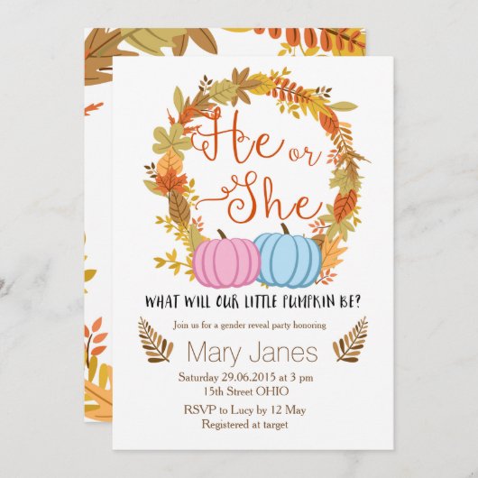 Pumpkin herfst Geslacht onthullen uitnodiging (Voorkant / Achterkant)