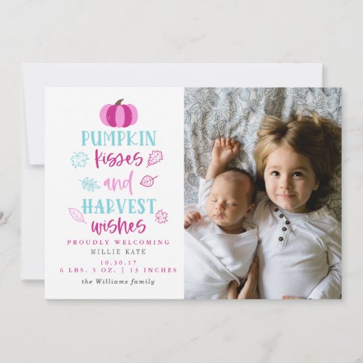 Pumpkin Kisses & Harvest Wishes Birth Announement Kaart (Voorkant)