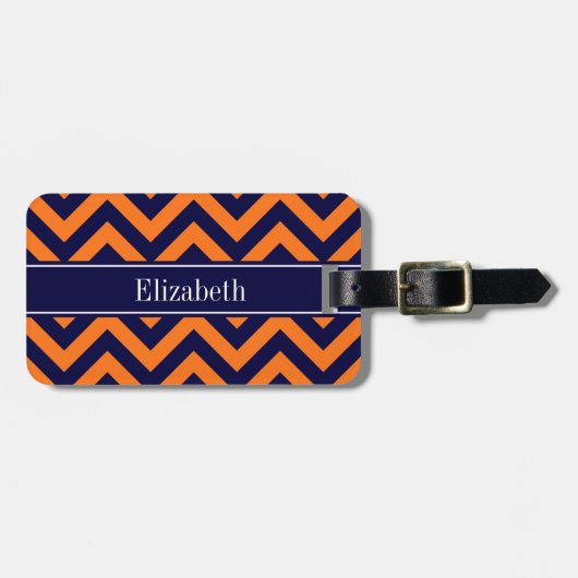 Pumpkin Navy LG Chevron Navy Blue Name Monogram Bagagelabel (Voorkant horizontaal)