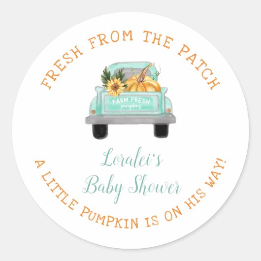 Pumpkin On The Way Old Farm Truck Fall Baby Shower Ronde Sticker (Voorkant)