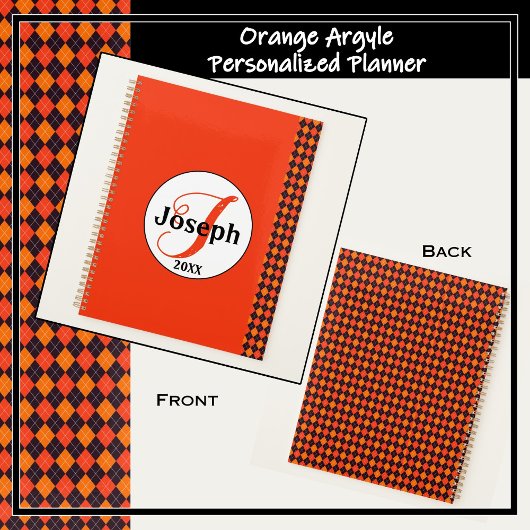 Pumpkin Oranje Tangerine Black Argyle Monogramed Planner
