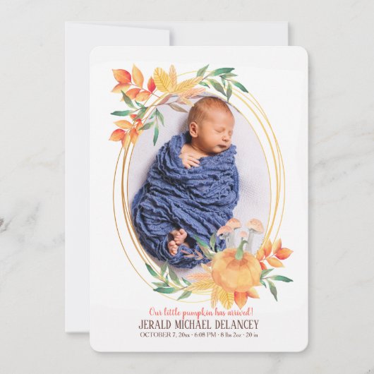 Pumpkin Oval Foto Birth Announding Kaart (Voorkant)