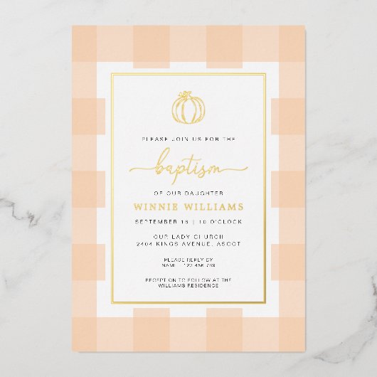 Pumpkin Peach Gingham Baptism Gold Foil Invitation Folie Uitnodiging (Voorkant)