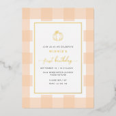 Pumpkin Peach Gingham Birthday Folie Uitnodiging (Voorkant)