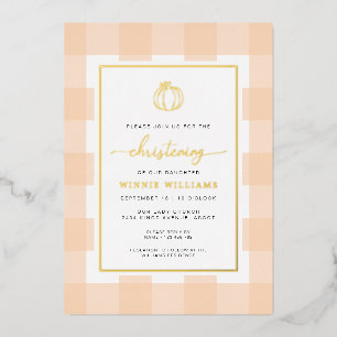Pumpkin Peach Gingham Christening Folie uitnodigin Folie Uitnodiging