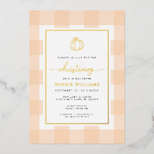 Pumpkin Peach Gingham Christening Folie uitnodigin Uitnodiging