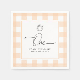 Pumpkin Peach Gingham First Birthday Paper Napkin Servet