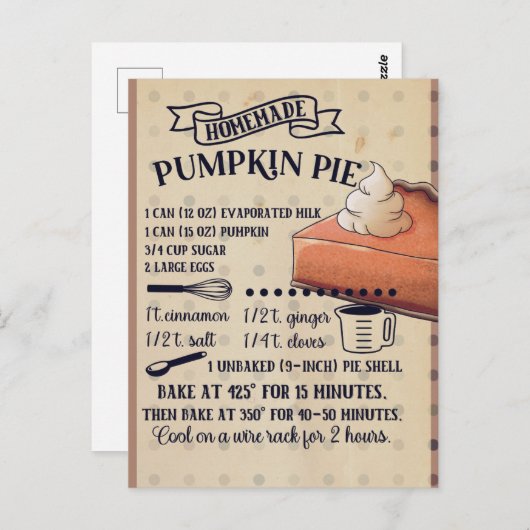 Pumpkin Pie Thanksgiving Recept Briefkaart (Voorkant / Achterkant)