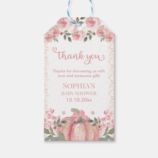 Pumpkin Pink Floral Girl Baby shower Dank u Cadeaulabel (Voorkant)