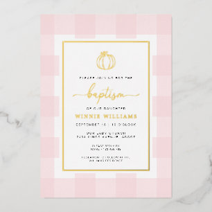 Pumpkin Pink Gingham Baptism Gold Foil Uitnodiging