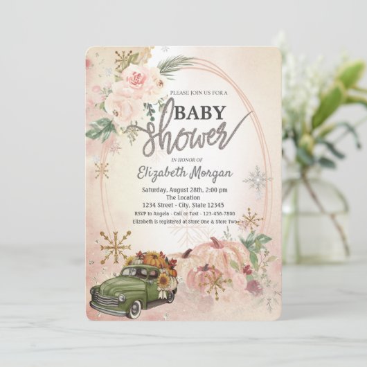 Pumpkin Retro Truck, Rozen, Snowflakes Baby shower Kaart (Staand voorkant)
