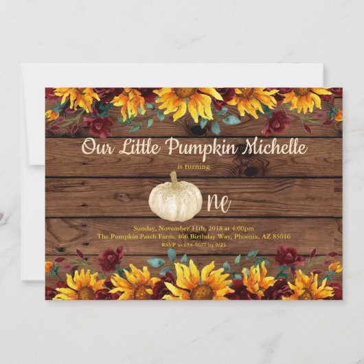 Pumpkin Rustic First Sunflower Burgundy Birthday Kaart (Voorkant)