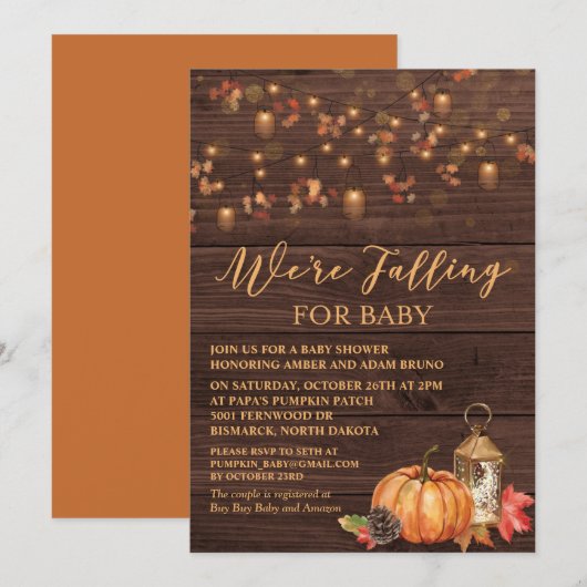 Pumpkin Rustic Leaves Baby shower Invitation Kaart (Voorkant / Achterkant)