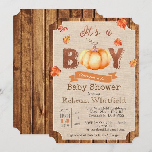 Pumpkin Rustic Leaves Baby shower Invitation Kaart (Voorkant / Achterkant)