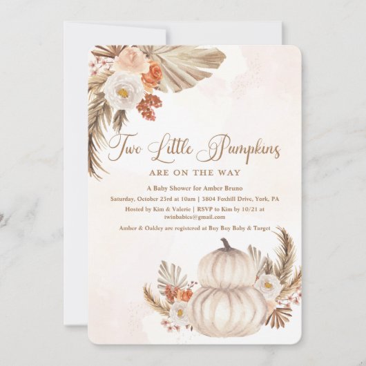Pumpkin Rustic Twin Baby shower Invitation Kaart (Voorkant)