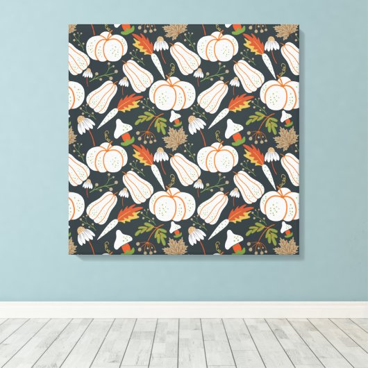 Pumpkin seamless pattern floral black and white canvas afdruk (Insitu (Houten vloer))