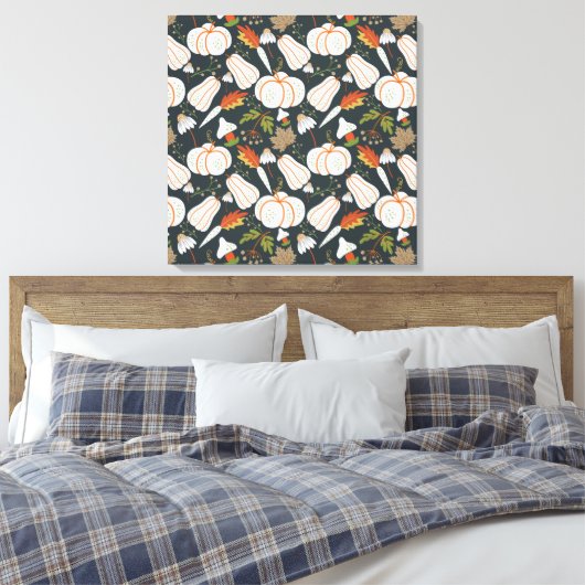 Pumpkin seamless pattern floral black and white canvas afdruk (Insitu (Slaapkamer))