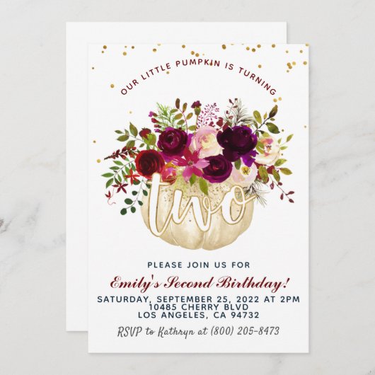 Pumpkin Second Birthday Invitation Kaart (Voorkant / Achterkant)