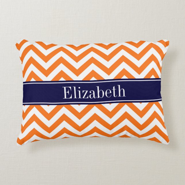 Pumpkin Sinaasappel Lg Chevron Navy Name Monogram Accent Kussen (Voorkant)