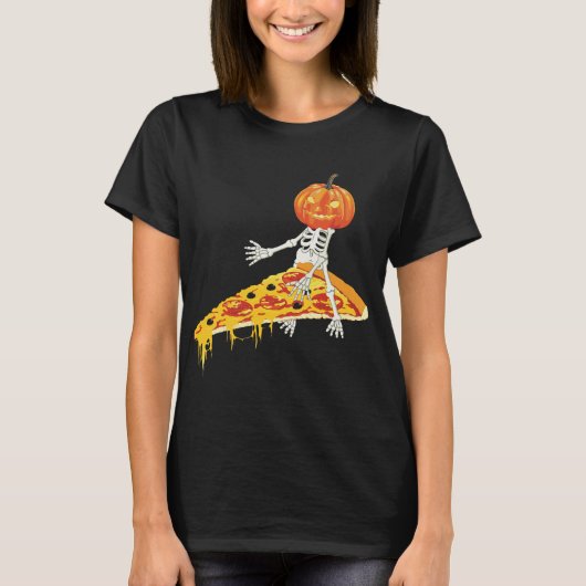 Pumpkin Skeleton Riding Pizza Halloween T-shirt (Voorkant)