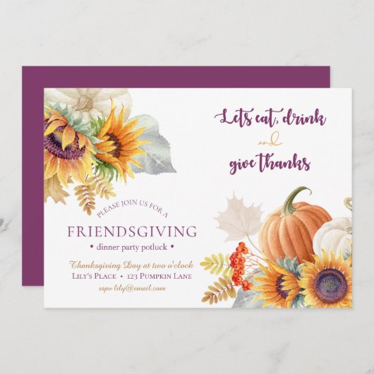 Pumpkin Sunflower Friendsgiving Potluck Invitation Kaart (Voorkant / Achterkant)