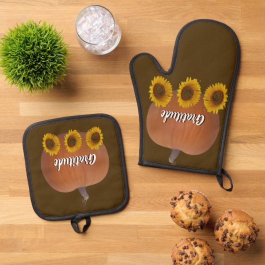 Pumpkin, Sunflowers, Gratitude Brown Oven Mitt & Ovenwant & Pannenlap Set (Top down)