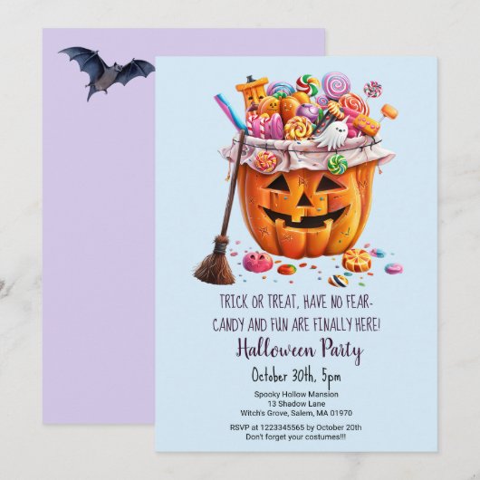 Pumpkin Sweets Witch Broom Halloween feest Kaart (Voorkant / Achterkant)