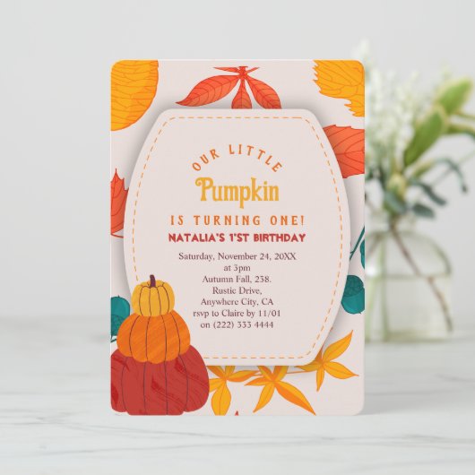 Pumpkin thema eerste verjaardag Uitnodiging (Staand voorkant)