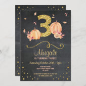 Pumpkin THREE Birthday 3rd Herfst Chalk Gold Invit Kaart (Voorkant / Achterkant)