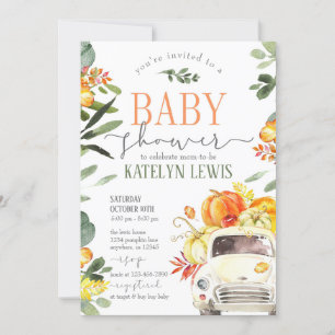 Pumpkin Truck Baby shower Invitation with Greenery Kaart
