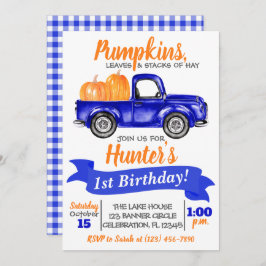 Pumpkin Truck Birthday Invitation - Blue Truck Kaart