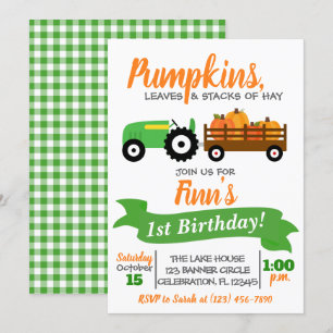 Pumpkin Truck Birthday Invitation - Green Tractor Kaart