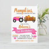 Pumpkin Truck Birthday Invitation - Pink Tractor Kaart (Staand voorkant)