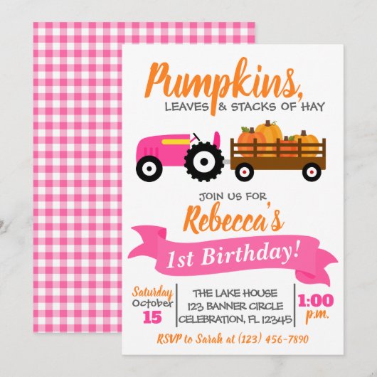 Pumpkin Truck Birthday Invitation - Pink Tractor Kaart (Voorkant / Achterkant)