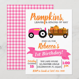Pumpkin Truck Birthday Invitation - Pink Tractor Kaart