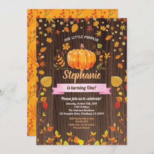 Pumpkin-verjaardagsuitnodiging. Rustische 1e verja Kaart (Voorkant / Achterkant)