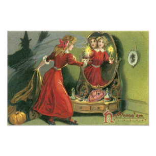Pumpkin Witch Black Cat Ghost Foto Afdruk