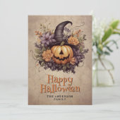 Pumpkin Witch Hat Cobweb Floral Halloween Card Feestdagenkaart (Staand voorkant)