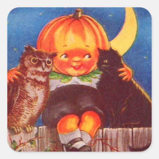 Pumpkinhead Uil Black Cat Crescent Moon Vierkante Sticker (Voorkant)