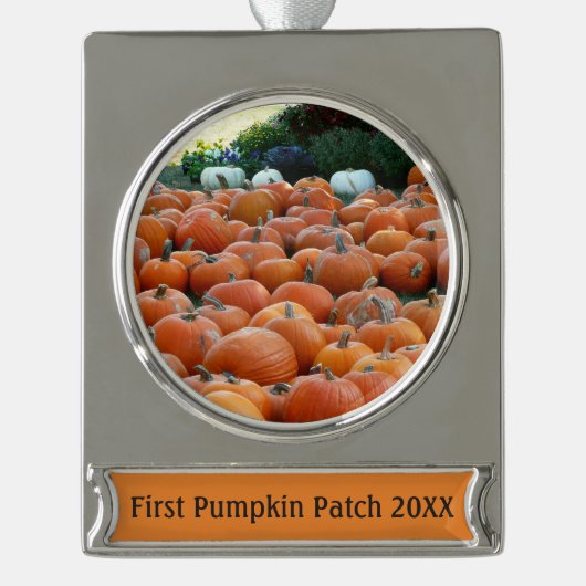 Pumpkins and Mums Autumn Harvest Photography Verzilverd Banner Ornament (Voorkant)