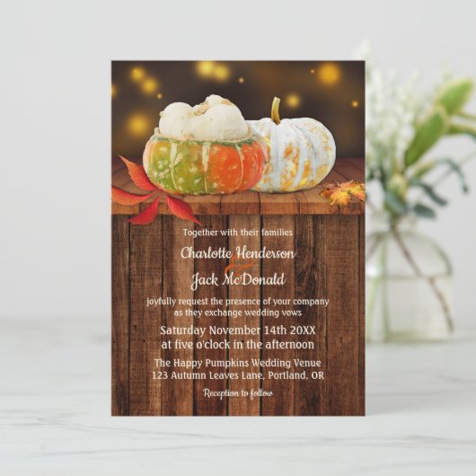 Pumpkins Fall Leaves Rustic Wedding Invitation Kaart (Staand voorkant)